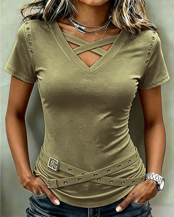 Cross Strap Hollow Out Slim Fit T-Shirt