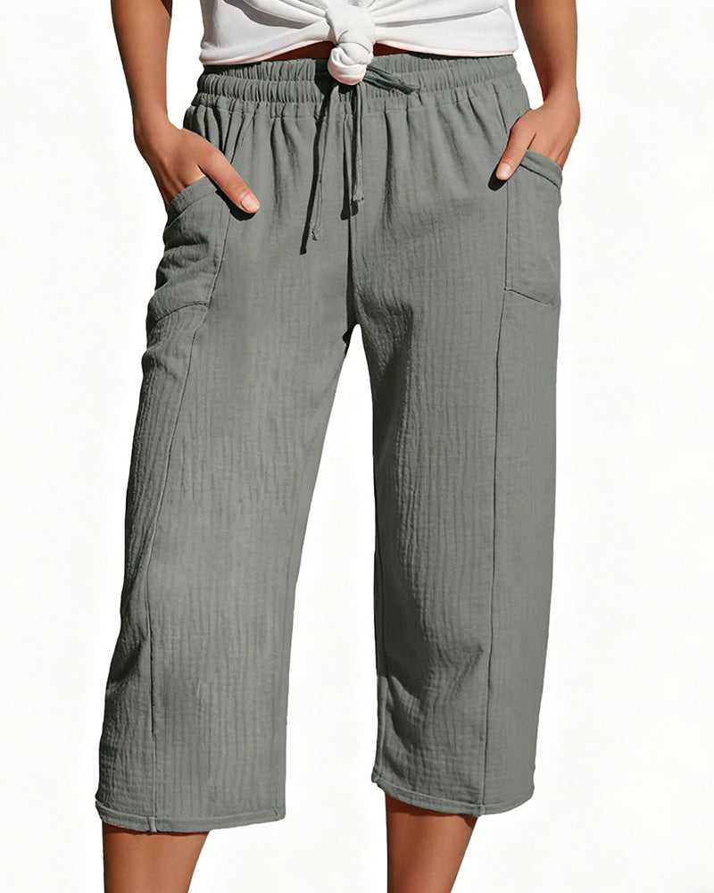 Solid Color Drawstring Wide-Leg Cropped Pants