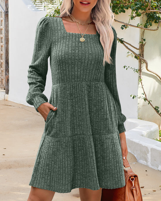 🍂2025 Autumn New Style⏰Women's Square Neck Lantern Sleeve Ribbed Dress