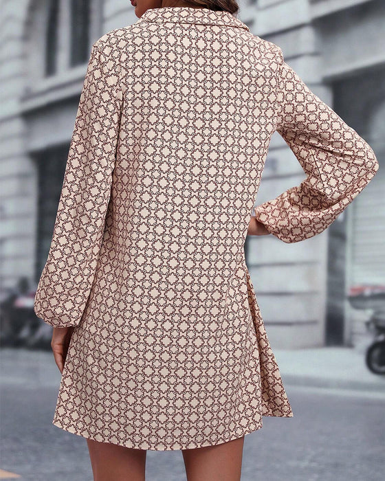 Lapel Long Sleeve Printed Dress