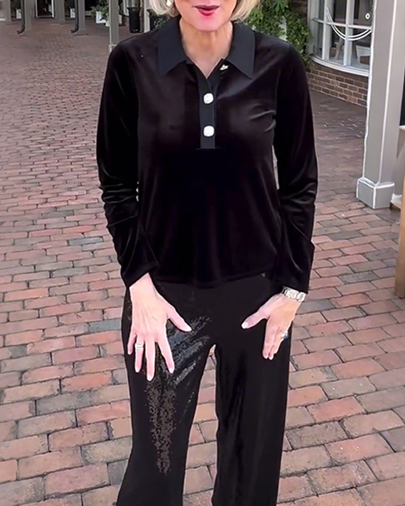 Elegant Solid Color Long-Sleeved Velvet Blouse