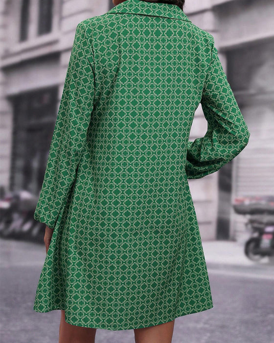 Lapel Long Sleeve Printed Dress
