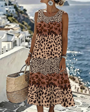 Color Block Leopard Print Sleeveless Midi Dress