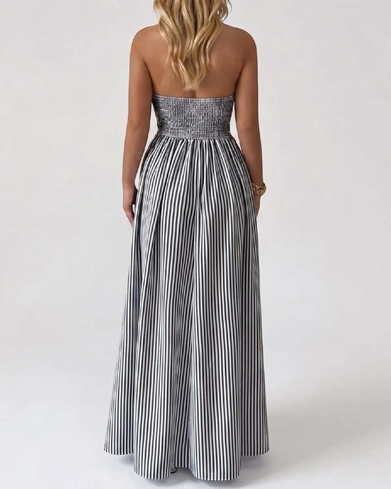 Deep V-Neck Spaghetti Strap Stripe Long Dresses