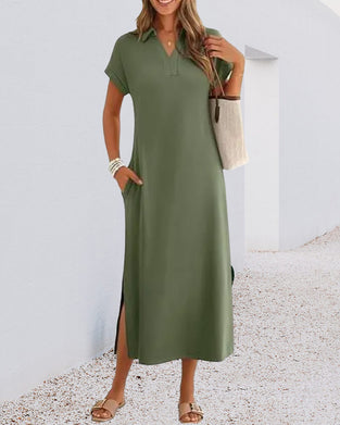 Polo Collar Slit Draped Knit Dress