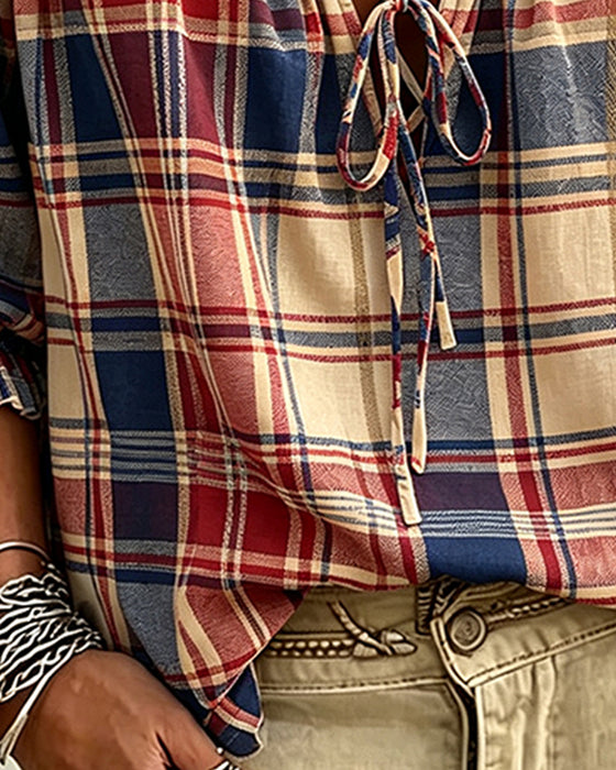 V-Neck Tie Plaid Blouse