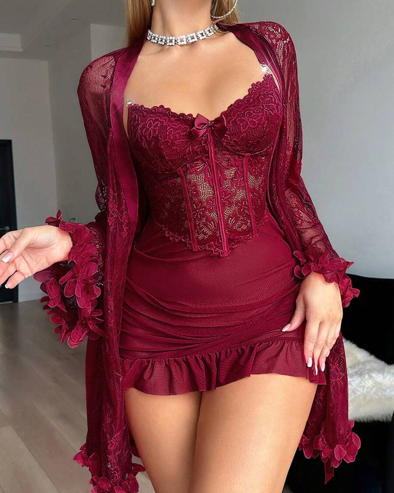 Lace Cover-Up Spaghetti Strap Lace Trim Pajama Dress