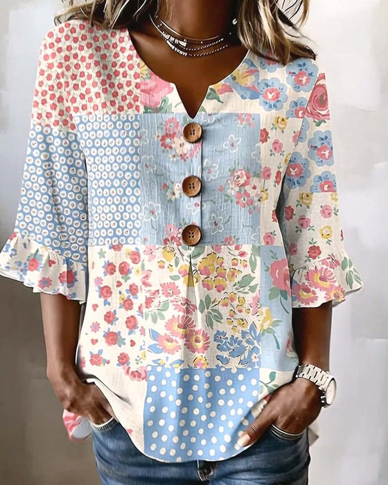 Short-Sleeve Floral Print Patchwork Blouse