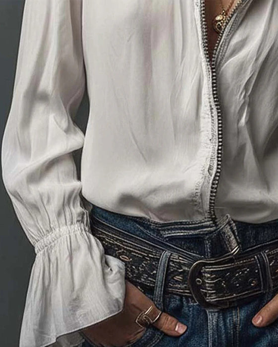 Stand-Collar Bell Sleeve Blouse