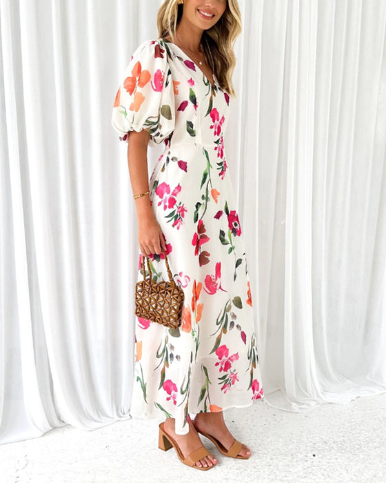 Elegant dress with puff sleeves and floral print