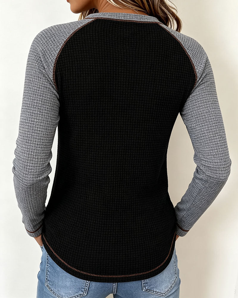 V-Neck Color-Block Button Top