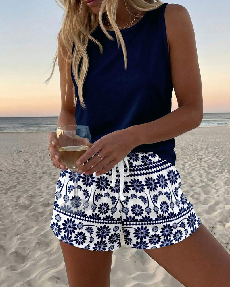 Solid Color Vest and Printed Shorts Set
