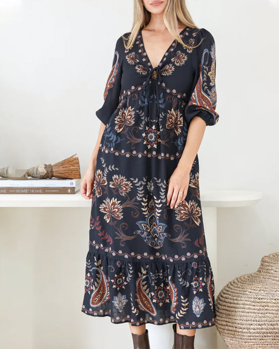 V-Neck Bubble Sleeve Dress