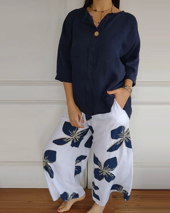 Crew Neck Casual Printed Trousers Set