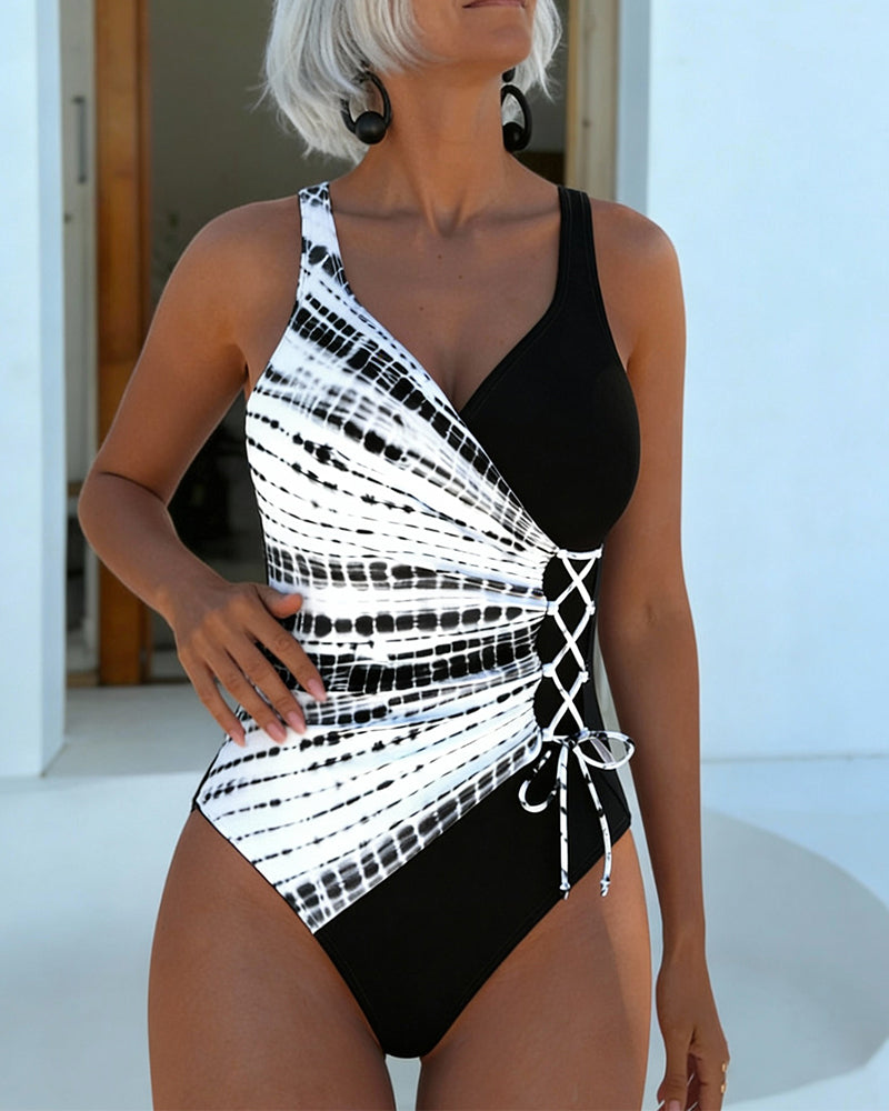 Color-Blocked Polka Dot One-Piece Swimsuit