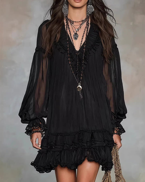 V-Neck Long Sleeve Ruffle Dress