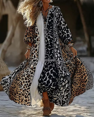 V-Neck Leopard Print Bubble Sleeve Flared Skirt Dress