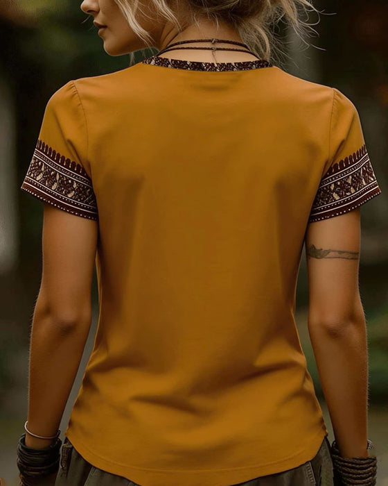 Ethnic V-Neck Short Sleeve T-Shirt