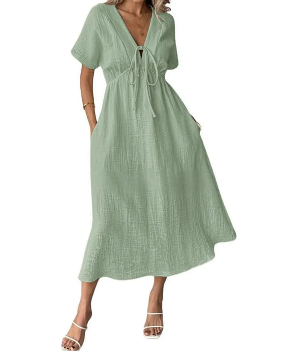 V-Neck Tie Waist Cinched Solid A-Line Dress