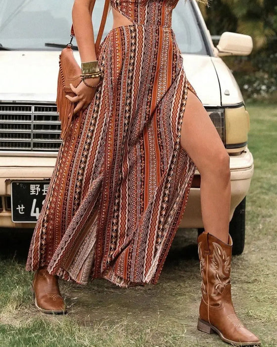 Ethnic Print Hollow Out Slit Strappy Long Dress