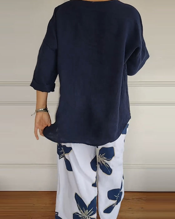 Crew Neck Casual Printed Trousers Set