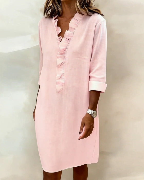 Ruffled V-Neck Solid Color Dress