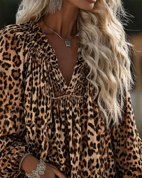 V-Neck Leopard Print Ruffled Puff Sleeve Blouse