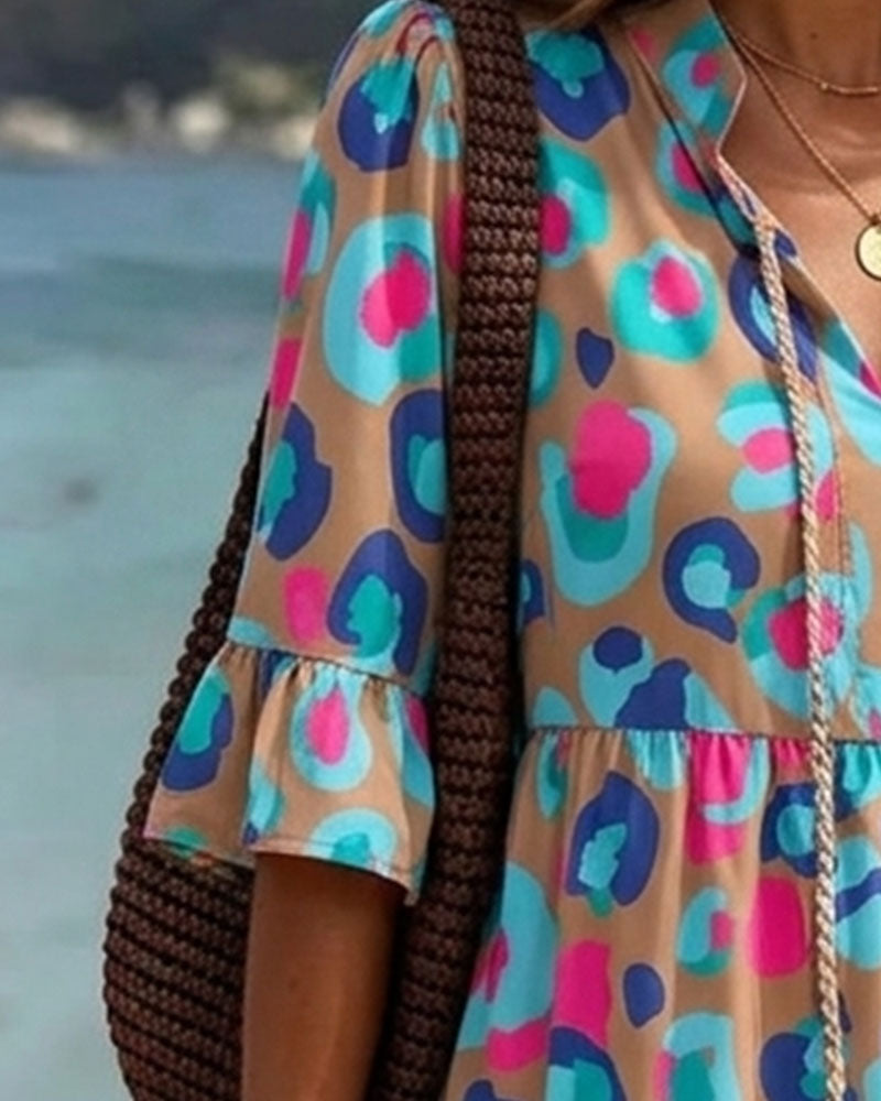 Colorful Print Fringe V-Neck Resort Dress