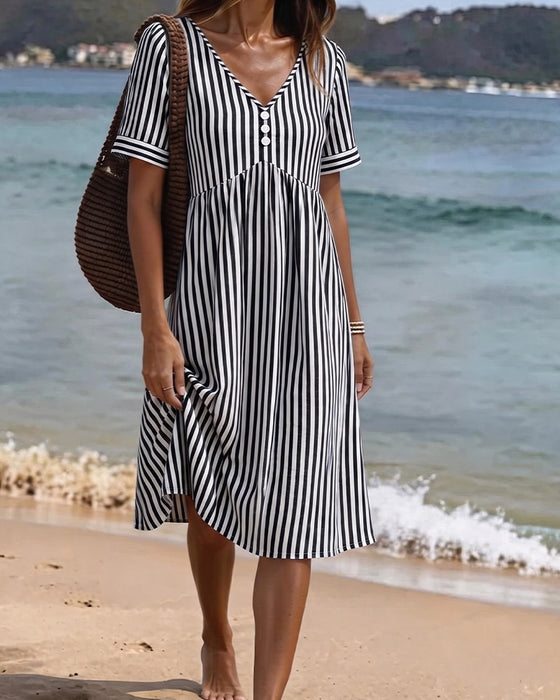 Vertical Stripe Babydoll V Neck A Line Dress