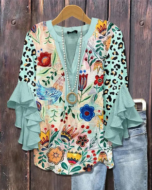 Leopard Floral Print Ruffle Sleeve Blouse