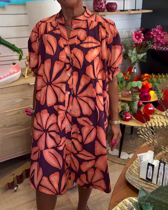 Puff Sleeve Floral Stand Collar Shirt Dress