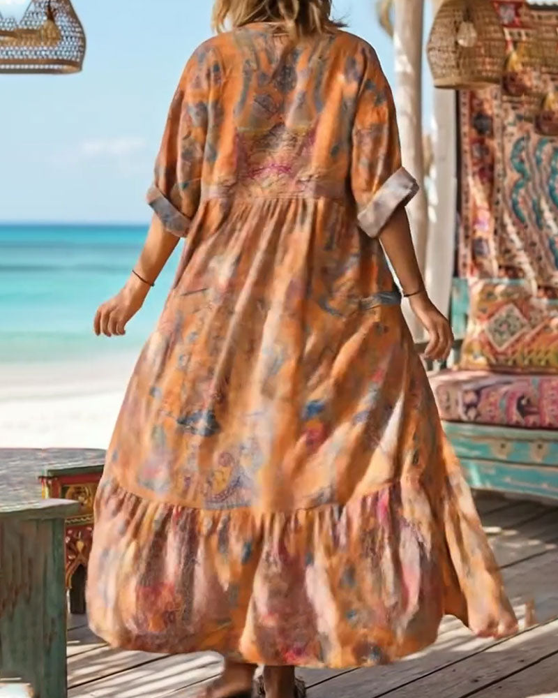 Retro Floral Print V-Neck Maxi Dress