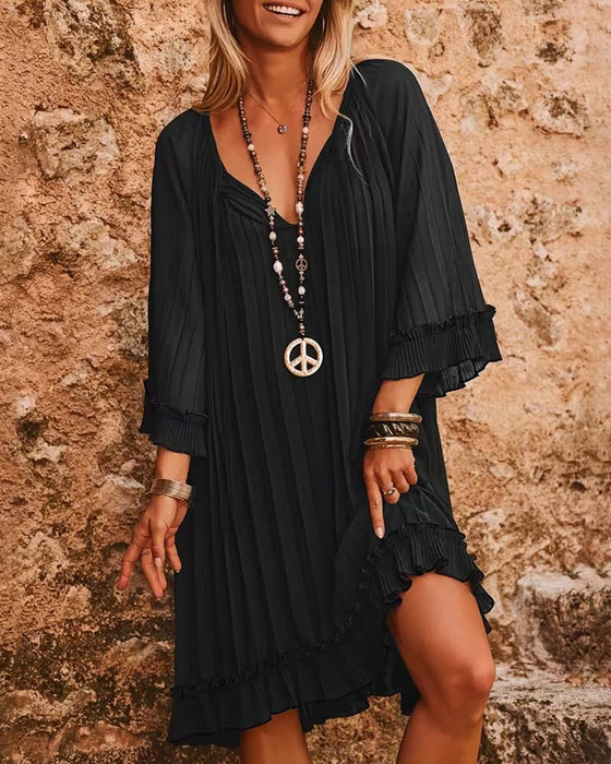 V-Neck Ruffled Three-Quarter Sleeve Dress