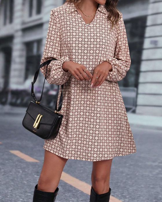 Lapel Long Sleeve Printed Dress