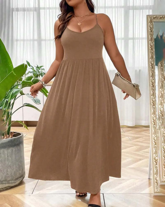 V-Neck Flared Spaghetti Strap Long Dresses