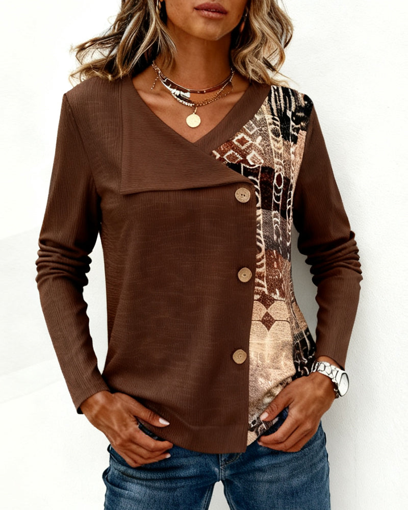 Stylish V-Neck Button-Down Printed Top