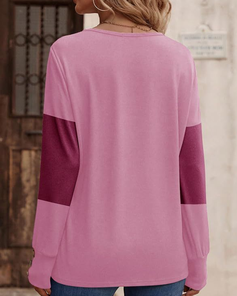 Women's Colorblock Print Button Decor Drop Shoulder Tee