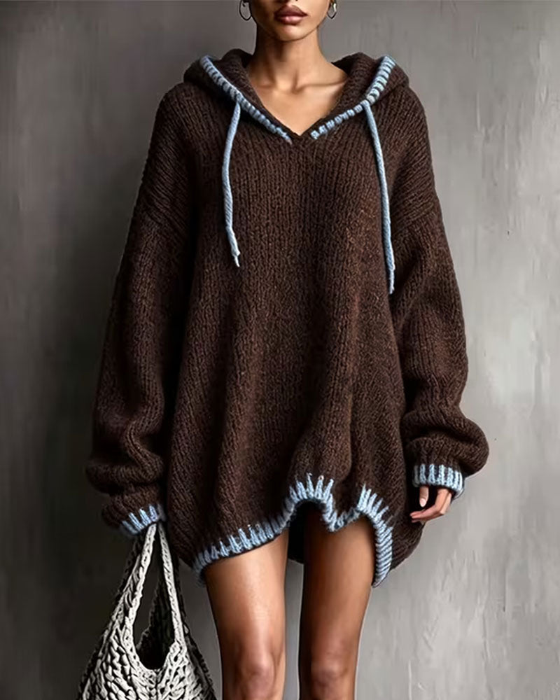 Contrast Drawstring Hooded Sweater Dress