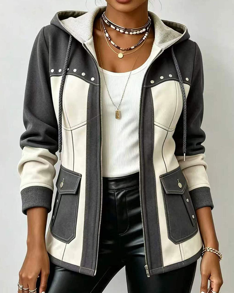 Hooded Zip Denim Patchwork Coat