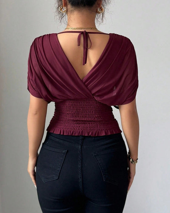 Solid Color Deep V-Nee Waist Short Sleeve Blouse