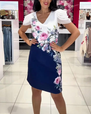 Puff Sleeve V-Neck Rose Floral Dress