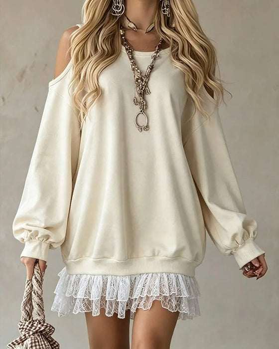 Cold Shoulder Lantern Sleeve Lace Patchwork Dress