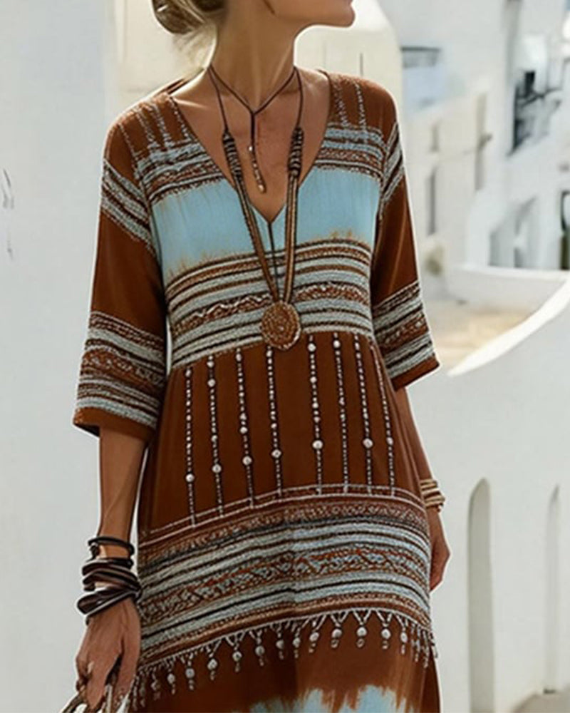 V-Neck Printed Bohemian Style Dress