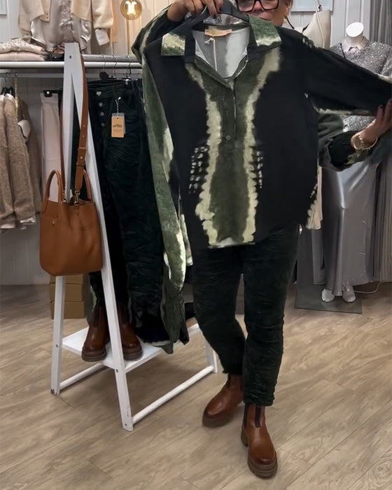 Lapel Retro Color Block Long Sleeve Shirt