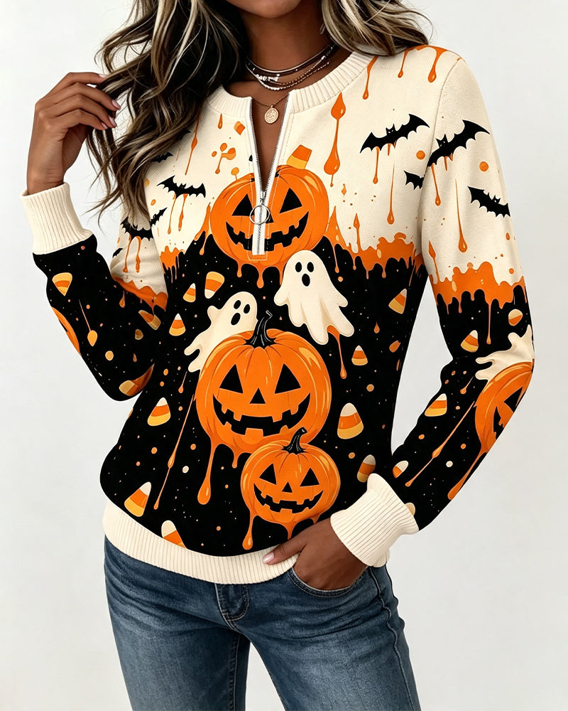 Zip Long Sleeve Pumpkin Print Sweatshirts