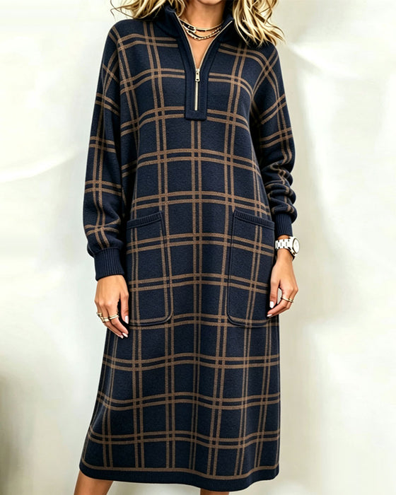 Zipped Plaid Pocket Dress