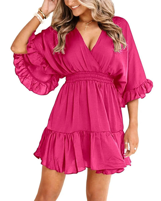 V-Neck Ruffle Waist-Cinching A-Line Dress