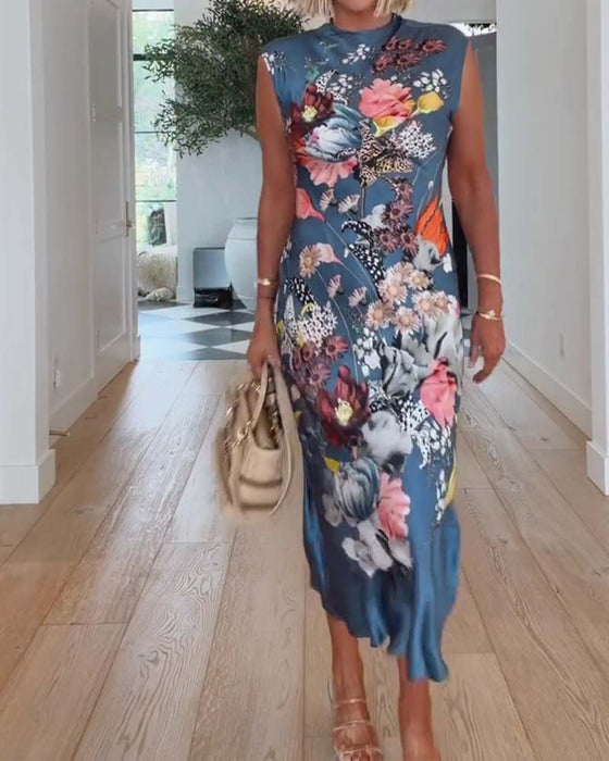 High Neck Sleeveless Floral Fitted Dress