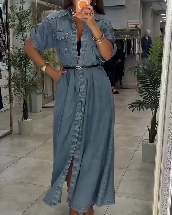 Shirt Collar Pocket Button Denim Dress