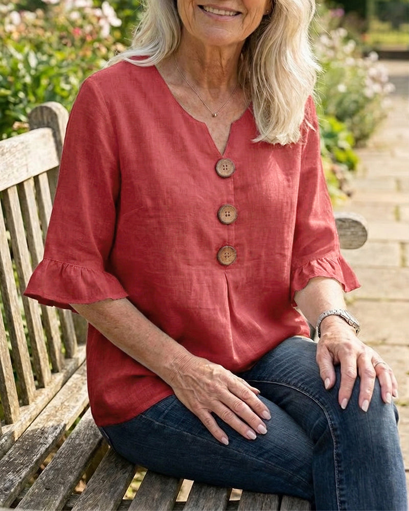 Solid-Color Cotton-Linen Wooden Buttons Ruffles Blouses